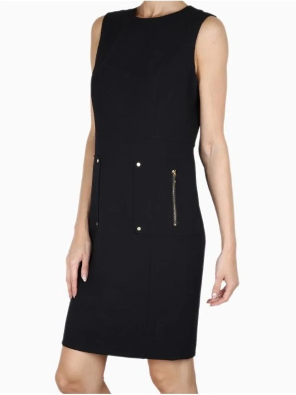 Tory Burch Petra Wood Midi Dress Black with Gold Zipper Accents